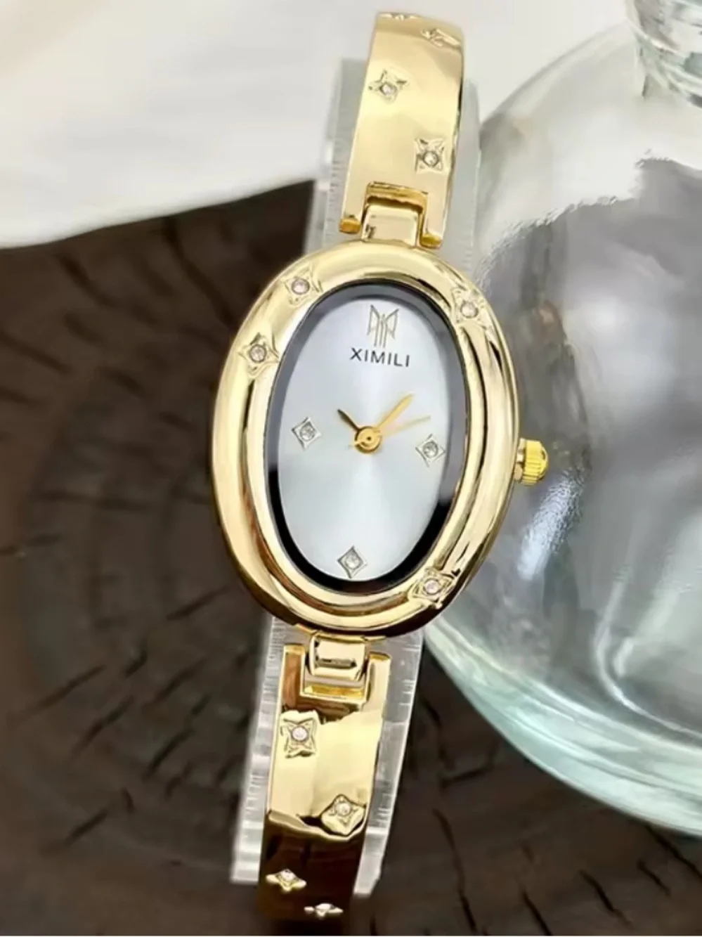 Anthropologie Gold-Tone Oval Bracelet Watch with Crystal Accents